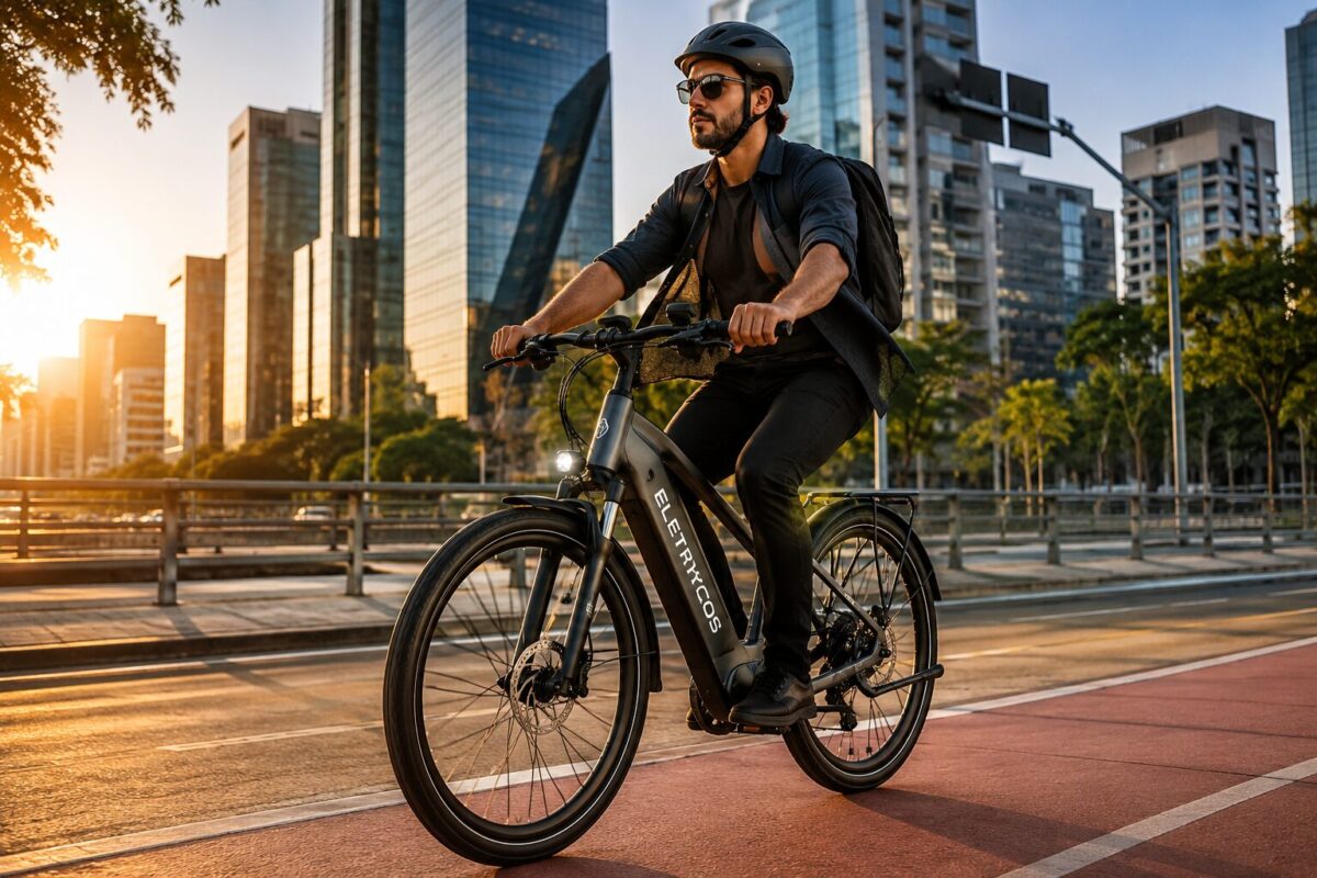 Homem feliz usando bicicleta elétrica em ciclovia urbana