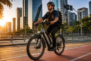 Homem usando bicicleta elétrica em avenida moderna da cidade