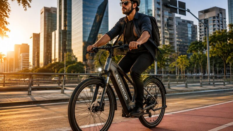 Homem usando bicicleta elétrica em avenida moderna da cidade