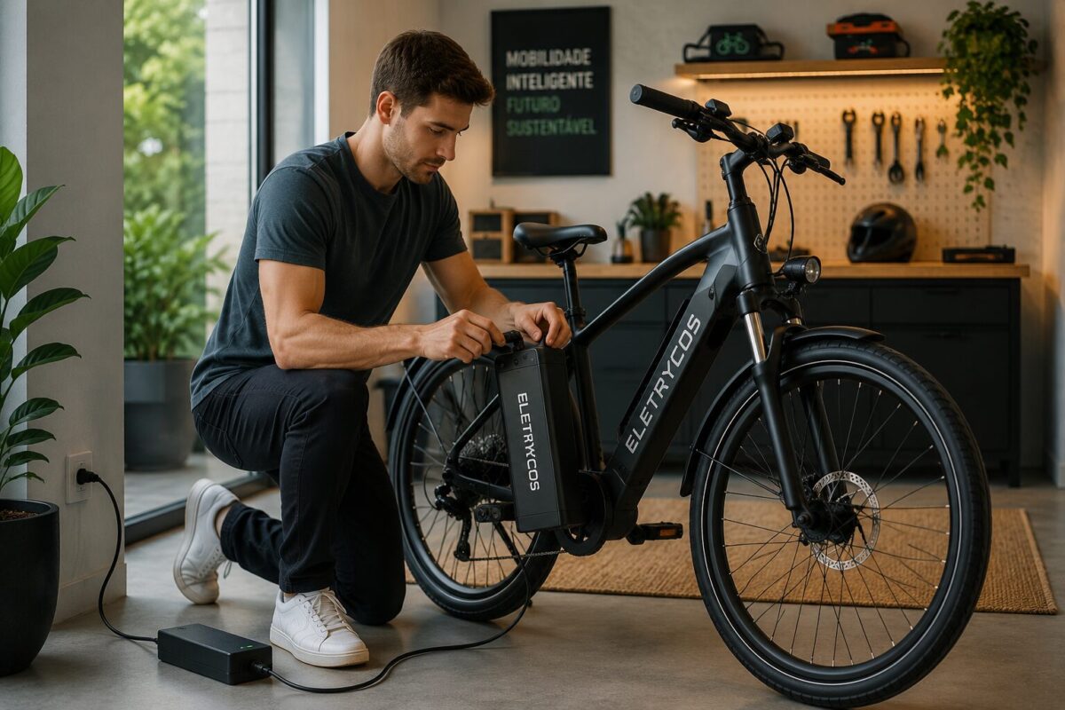 Pessoa carregando bateria de bicicleta elétrica em casa