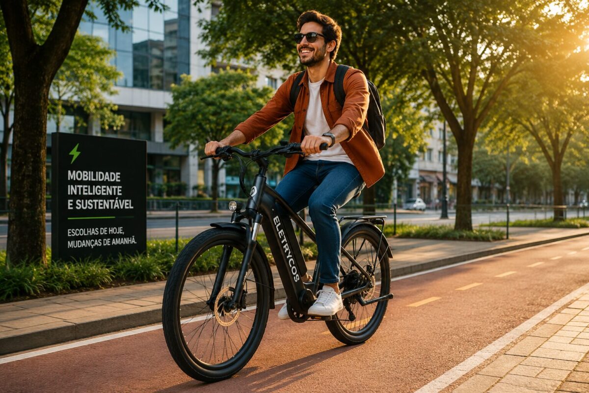 Homem andando de bicicleta elétrica em avenida urbana moderna