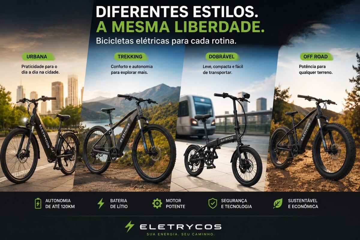 Montagem com diferentes modelos de bicicletas elétricas urbanas e off-road