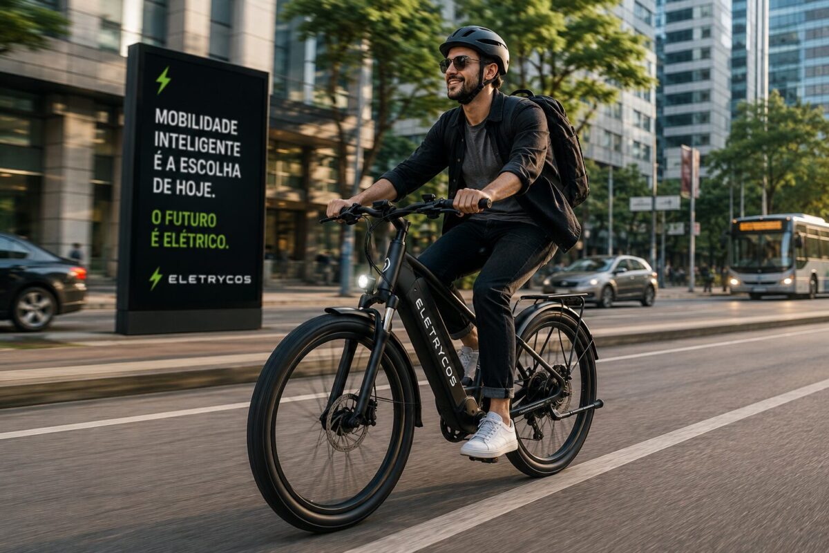 Homem usando bicicleta elétrica em avenida moderna da cidade