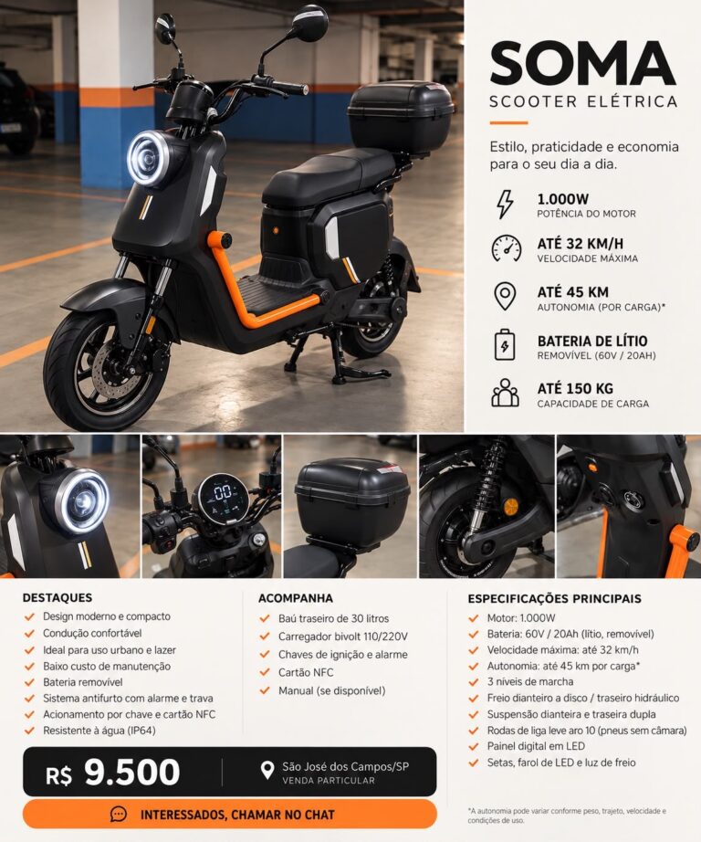 🛵 Scooter Elétrica MotoChefe SOMA 1000W | Pouquíssimo Uso | Excelente Estado